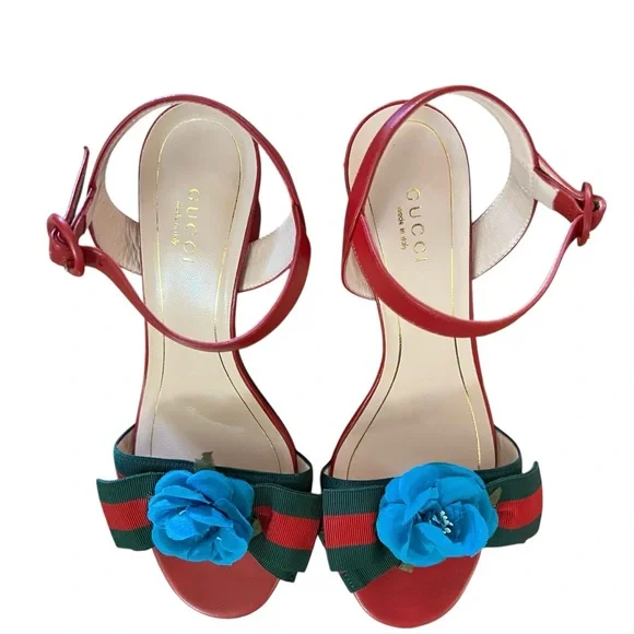 Authentic Red Gucci Web Silk Flower Bow Mid Sandals Size 37;new with tags - Picture 7 of 9